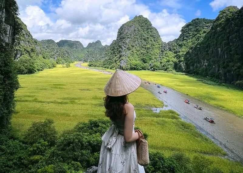 Vẻ đẹp thơ mộng của dòng sông uốn lượn qua những cánh đồng lúa Tam Cốc.